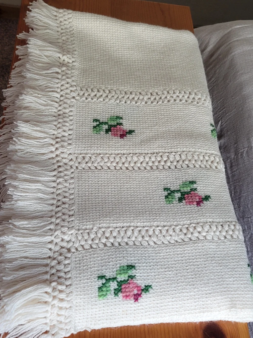 Decorative Pink Rose Cross-Stitch Throw Pillow and Blanket - Home Accents